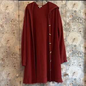 white birch Rust Red Waffle-Knit Hooded Cardigan